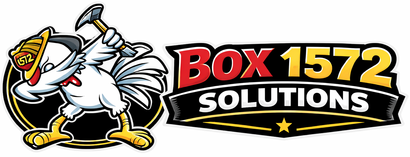 Box 1572 Solutions logo of a dabbing chicken with a halligan bar in his hand